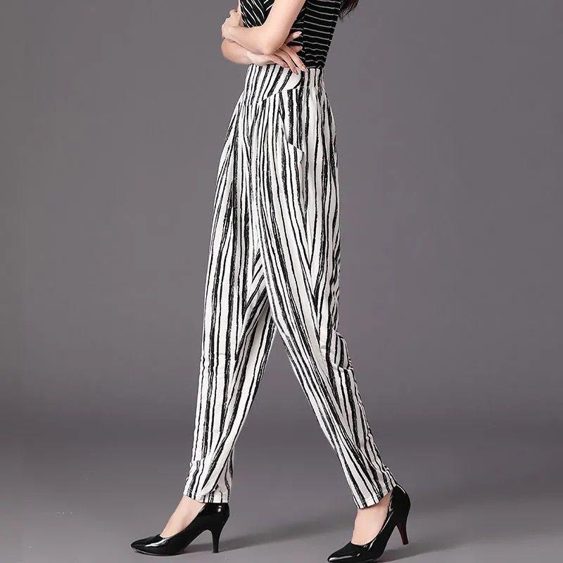 Korean Fashion Striped Printed Harem Pants for Women Spring New Casual Loose Elastic High Waist Pockets Trousers Female