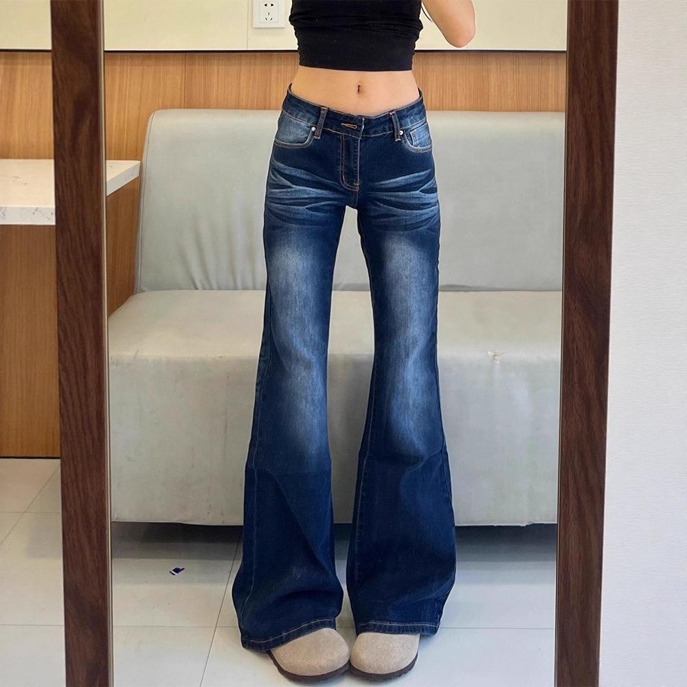 Plus Size Retro American High Waist Micro Flare Jeans for Women - Spring/Autumn Loose Slimming Straight Wide Leg Floor-Length Pants