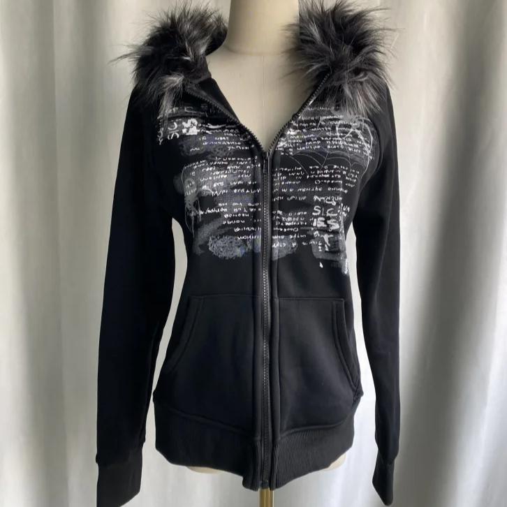 VAYLA Y2k Fur Patchwork Grunge Hoodies Women Streetwear Vintage Harajuku Gothic Print Hooded Sweatshirt Coat Aesthetic Slim Jacket