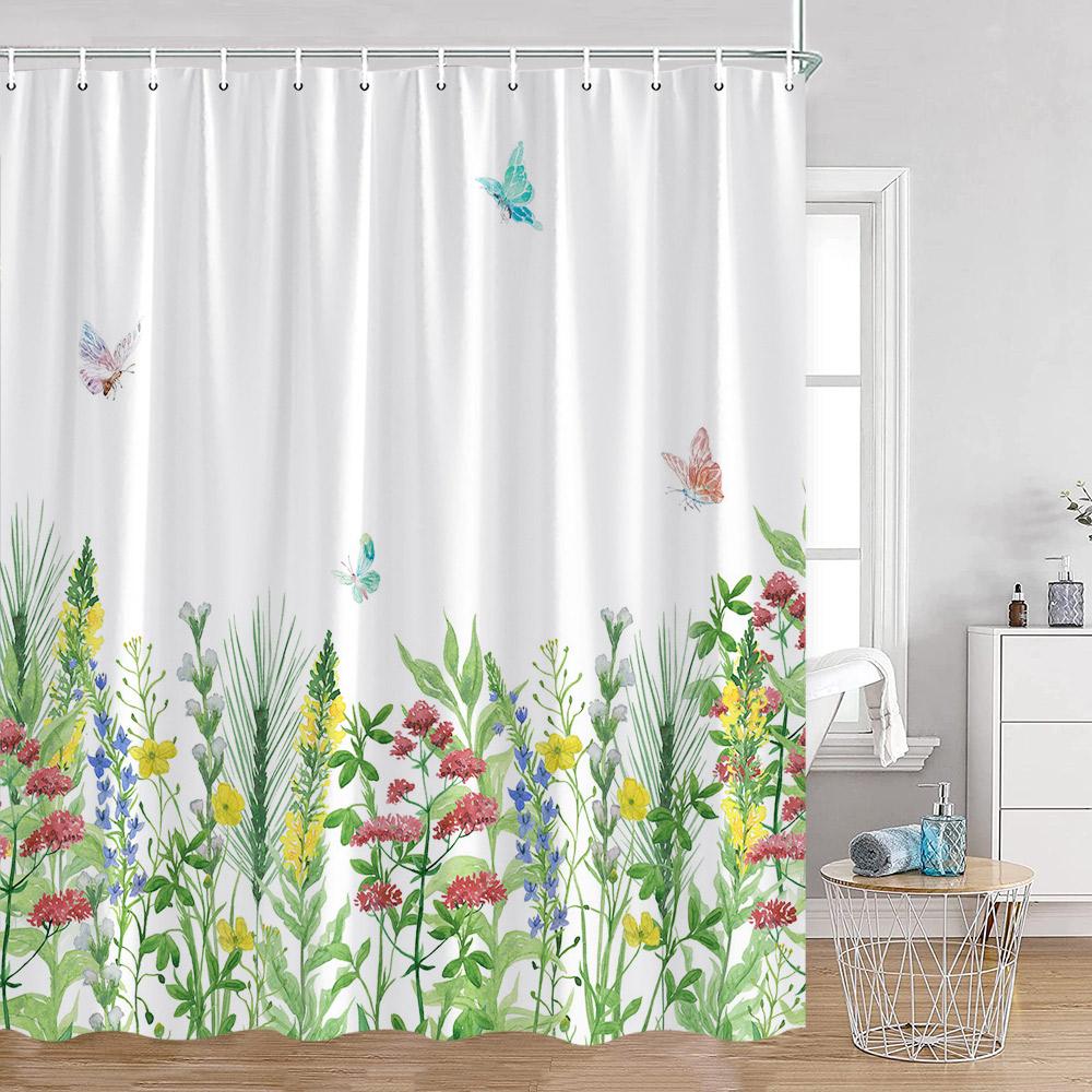 

Floral Shower Curtain Colorful Flowers Birds Butterfly Botanical Green Leaves Bathroom Curtains Modern Bathtub Decor With Hooks W60H190(CM)-1 Pcs