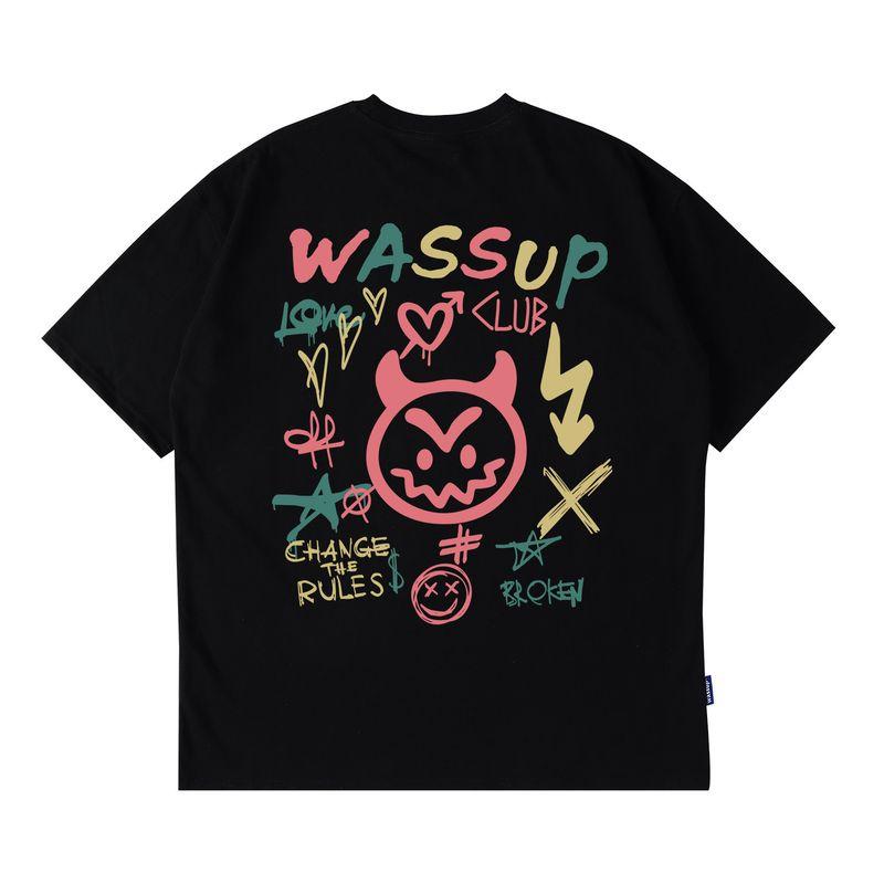 Wassup Heods Hand-Painted Graffiti Trendy Brand Couple T-Shirt Summer American Street Casual Round Neck Men's and Women's Short Sleeves