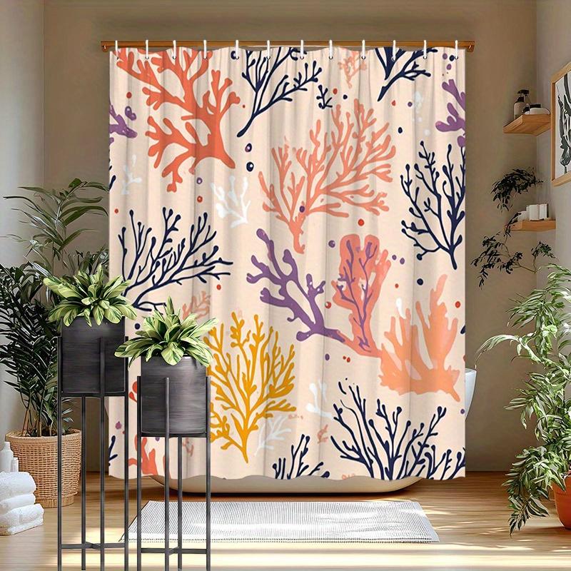 1pc Whimsical Coral Seaweed Shower Curtain - Vibrant Underwater Design, Polyester, Easy to Clean