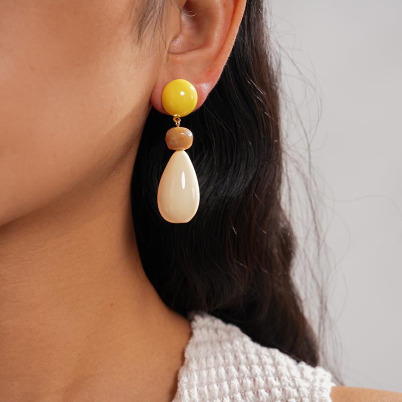 Vintage Resin Water Droplet Pendant Earrings for Women Versatile Color Blocked Geometric Long Earrings Fashion Vacation Jewelry