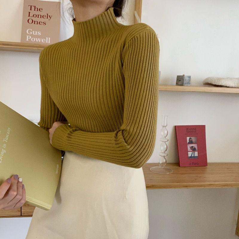 

Женский свитер с высоким воротником Осень Зима Базовый слой Приталенный Утягивающий Универсальный Вязаный топ M оливковый