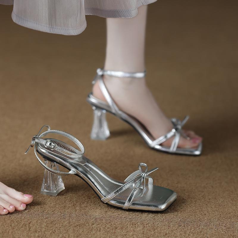 322-3 Sheepskin Version with Sandals Women's Shoes 2025 Summer New Silver Crystal Shoes High Heels