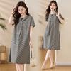 Women's Plaid Cotton Linen Dress 2026 Summer New Loose Doll Collar Casual A Line Midi Dress