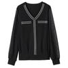 Women's Black Chiffon Spliced Knitted V-Neck Pullover: Loose-Fitting, Long-Sleeved Spring Commuter Top.