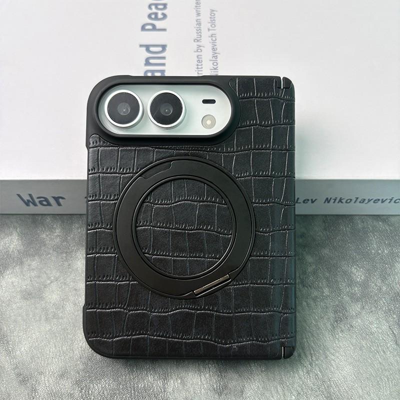 IPhone 18 Duo Foldable Phone Case With 360 Rotating Stand Magnetic Mid-Hinge Full-Body Leather Cover Anti-Drop Protection
