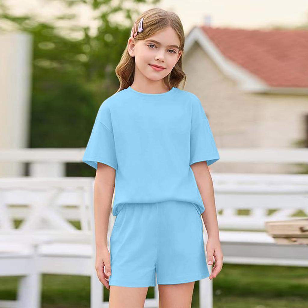 Girls Short Sleeve T Shirt and Shorts Set Soft Fabric Round Neck Relaxed Fit Casual Outfit for Kids and Teens