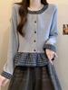 2025 Herbst/Winter Kariertes Patchwork Rüschen Langarm Cropped Top für Damen