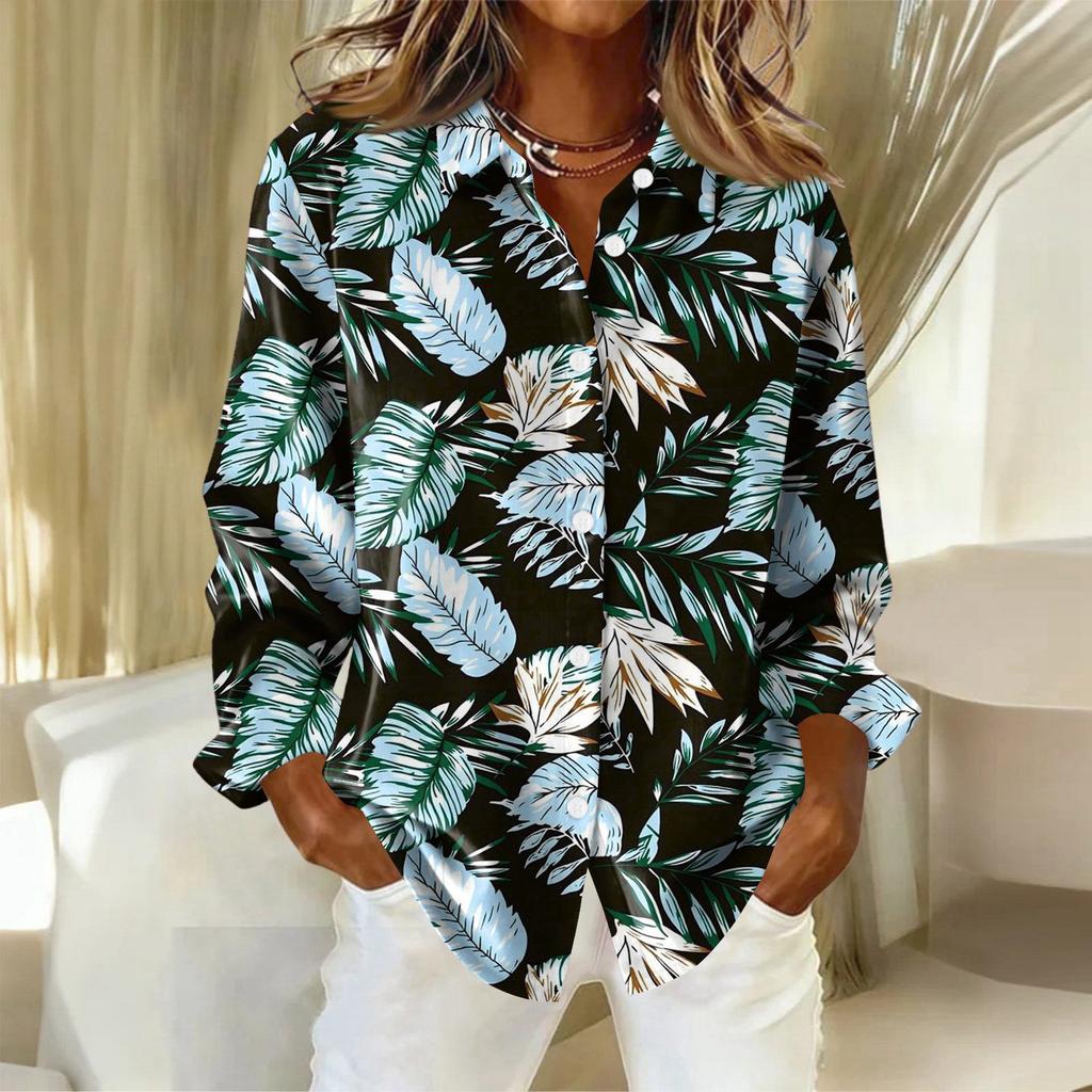 Damenhemd mit floralen Knöpfen, Langarm-Freizeit-Regular-Hemd Blusen Freizeit Übergröße Basic-Tops