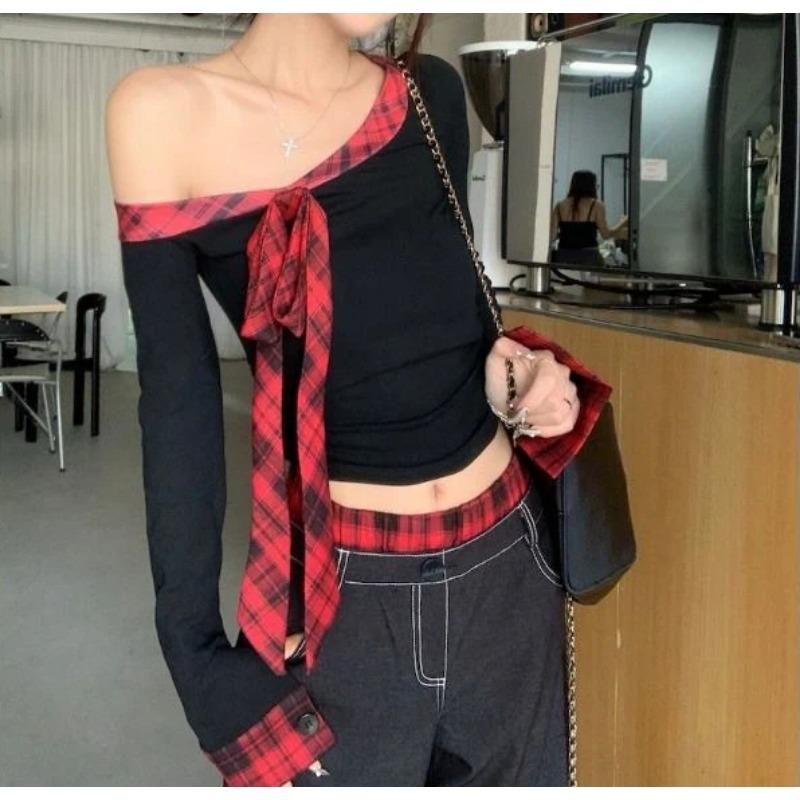 

Black Off Shoulder Spliced Long Sleeve T Shirt For Women Spring And Autumn Slim Fitting Short Top S