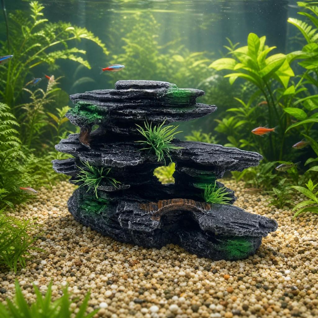 Resin Rock Aquarium Ornament Layered Cave Hideout with Artificial Plants