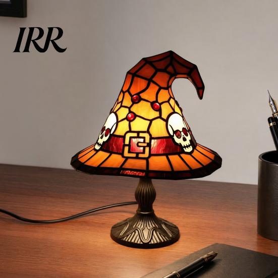 Soft Warm Bedside Lamp Stained Glass Witch Hat Lamp, Handcrafted Retro Resin USB Powered Gothic Fantasy Colored Wizard Hats Night Light,