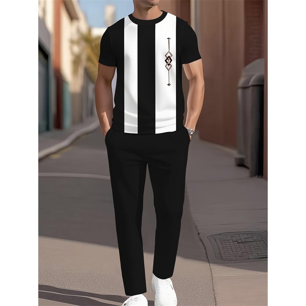 3D Navy Anchor Pattern Men's Set Summer Crew Neck Short Sleeve Shirt With Casual Trousers Two-Piece Set Casual Men's Set