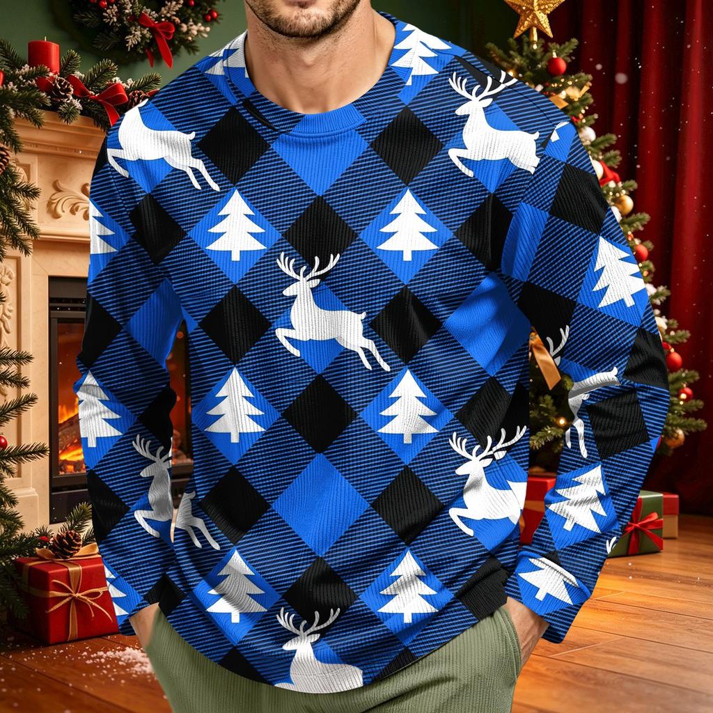 Men's Corduroy Long Sleeve Neck Shirt with Christmas Print Holiday Party Top