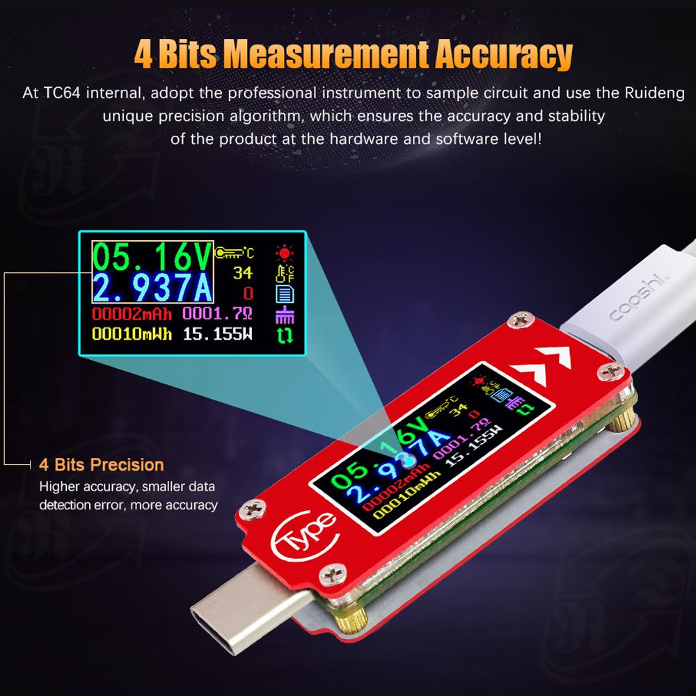 TC64 Type C Color LCD Display USB Voltmeter Ammeter Voltage Current Meter Multimeter Battery PD Recharge Power Bank USB