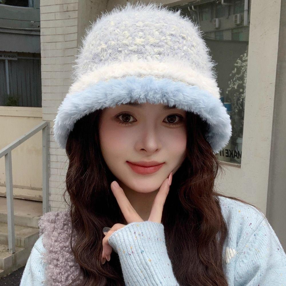 Polyester Fuzzy Fleece Bucket Hat 55cm To 59cm Head Circumference Cold Proof Basin Hat For Women