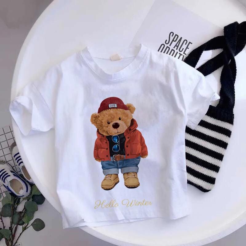 Girls Fashionable Pure Cotton TShirt with Teddy Bear Cartoon Pattern Summer Clothing Fun Childrens Wear Y2K Style