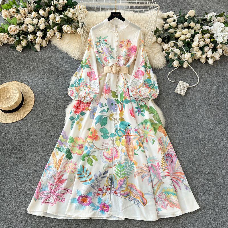 

2024 Early Spring New Arrival Niche Style Elegance Print Breasted Silm Long French Puff Sleeves Dress Elegant Dress White 3XL