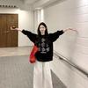 Japanese Y2k Sunflower Print T-shirt 2000s Style Long Sleeve Black T Shirt Vintage Harajuku Loose Streetwear American