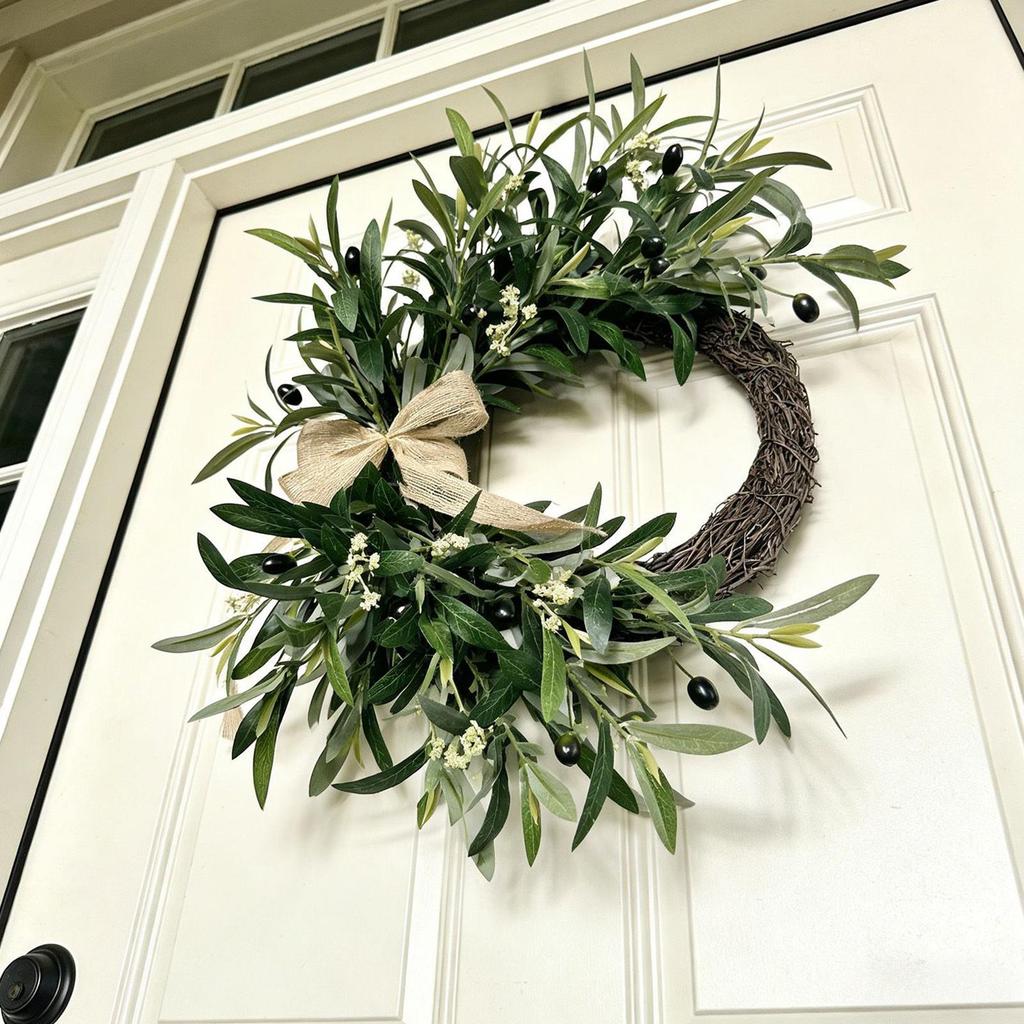 Spring Wreath Artificial Greenery Rustic Bow Olive Leaves All Season Front Door Decor for Indoor Outdoor Porch Wall Fireplace