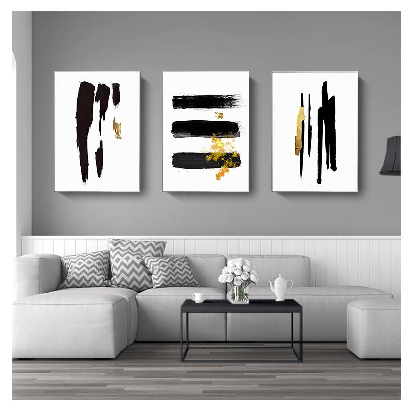 Minimalistická malba na plátně Nástěnná malba Plakát Tisk Obrázky Obývací pokoj Domácí dekorace interiéru Abstrakt Černé zlato štětec Line
