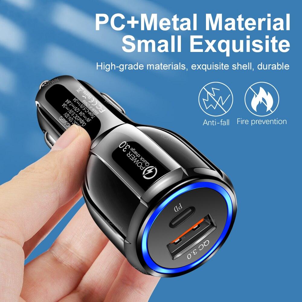 PD 18W Car Charger QC3.0 USB Type C PD Fast Charger Dual Ports Quick Charging Car Adapter for IPhone 13 Pro Max Samsung