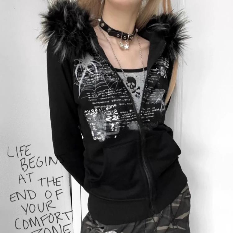 VAYLA Y2k Fur Patchwork Grunge Hoodies Women Streetwear Vintage Harajuku Gothic Print Hooded Sweatshirt Coat Aesthetic Slim Jacket