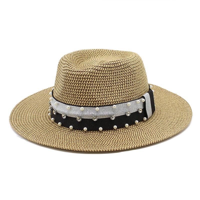 Top Hat Retro Hepburn Style Flat Top Top Top Hat Spring And Summer Travel Straw Hat Pearl Wide Brim Sun Hat Female Tide