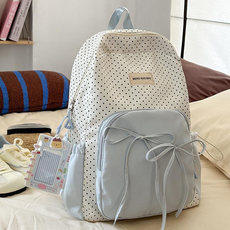 Schoolbag New Sweet Girl Backpack Korean Versatile Bow Polka Dot Versatile Light Commuter Bag Large Capacity School Bag