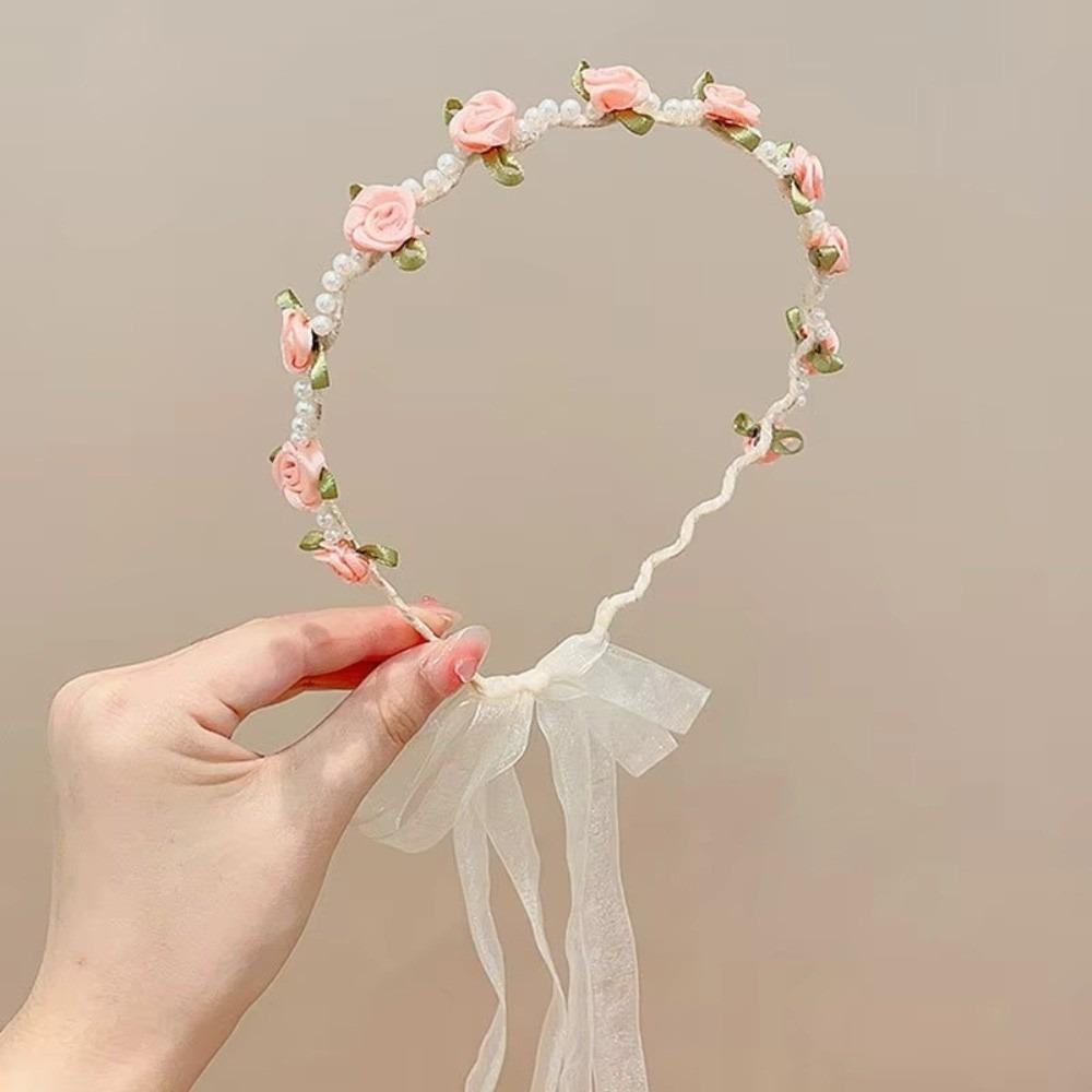 Spring Summer Kids Rose Headband Bow Braided Non-Slip Hair Hoop Hair Accessory Girls Princess Style Flower Wreath Headband Gift
