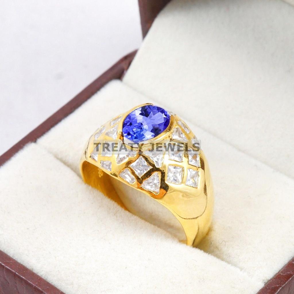 Tanzanite Oval Cut With 925 Sterling Silver Gold Plated Ring For Men's #B681 JL375688167711