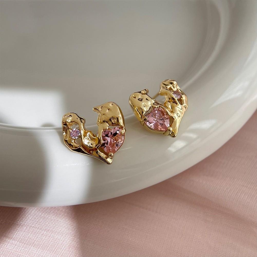 Pink Zircon Heart Bow Earrings for Women with Silver for Everyday Wear