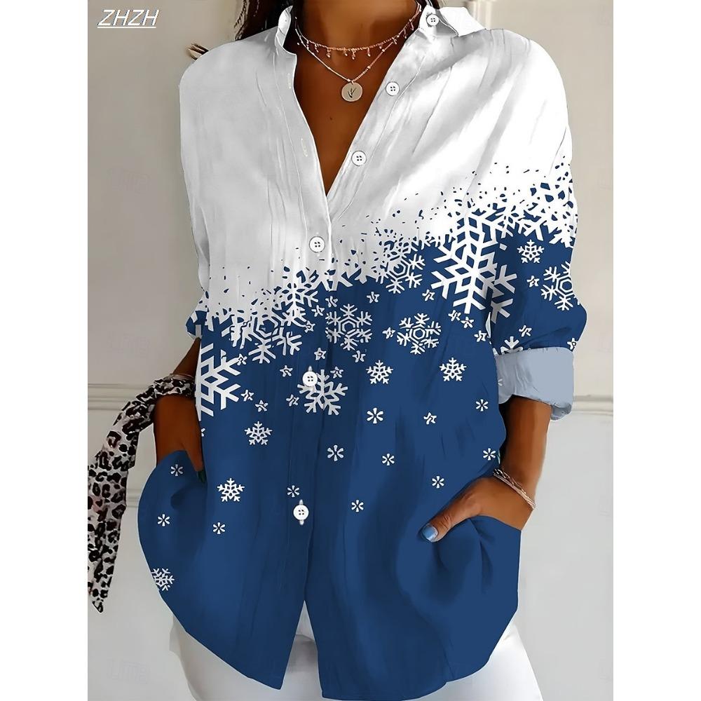 Women's 2025 Long Sleeve Shirt, Polyester Blend Slim Fit, Snowflake Elegant Graphic Casual Daily Wear, Spring Autumn Blouse Tops