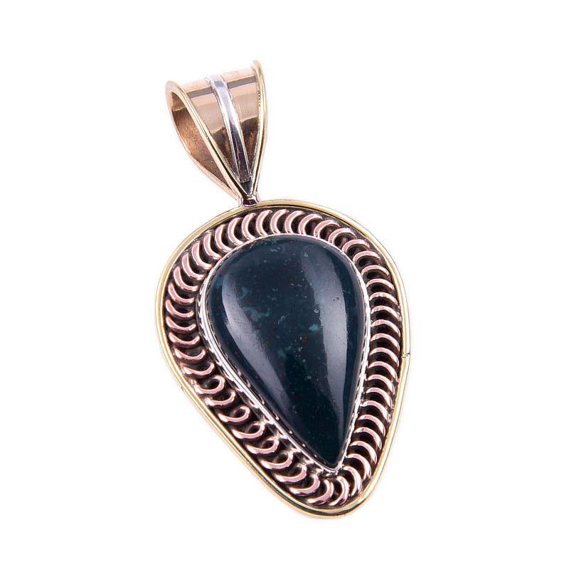 Natural Bloodstone Gemstone 925 Solid Sterling Silver TwoTone Pendant 1.50" g0k38