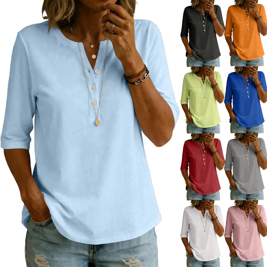 Ladies' Casual And Fashionable V-neck Five Quarter Sleeved Top