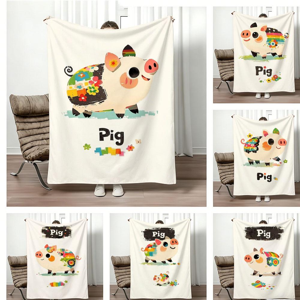 Illustration Cartoon Pig Throw Lightweight 240G Flannel Blanket Soft Skin-Friendly For Summer Cooling