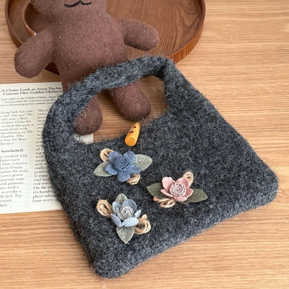 Horn Button Knitted Handbag Flower Phone Bag Casual Knitted Wrist Bag  Travel