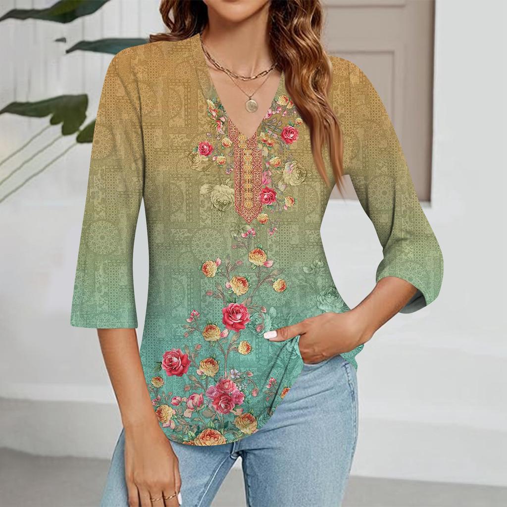 Modisches Oberteil mit V-Ausschnitt, Farbverlauf-Print und Dreiviertelärmeln für Damen