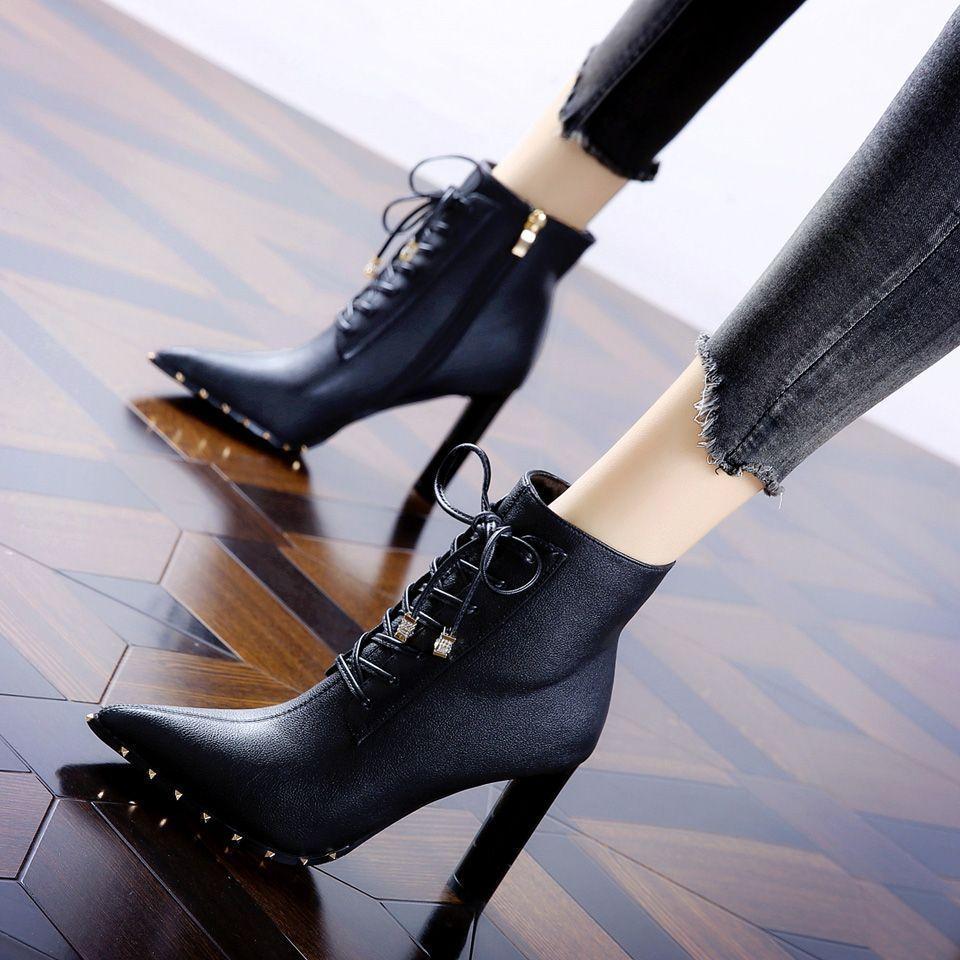 Thick heel pointed Martin boots women's 2025 new rivet fashion high heels Internet celebrity short boots thin boots ins tide