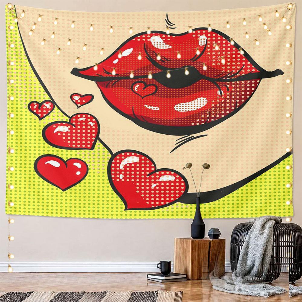 Red Lips Pop Art with Heart Motifs Pattern Wall Hanging Tapestry Decorative Tapestry Home Decor for Bedroom and Living Room