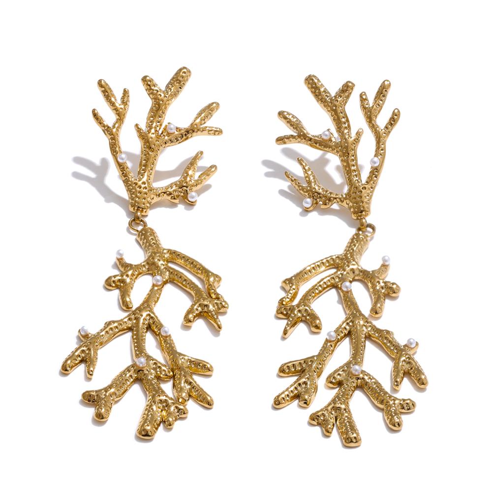 Yhpup Fashion Stainless Steel Plant Leaf Pearls Big Drop Earrings for Women Tarnish Resistant Metal Statement Earrings Jewelry