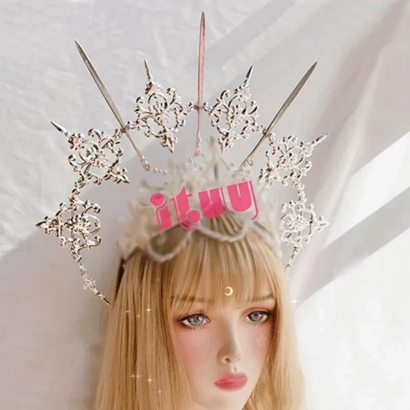 Lolita Corona Aureola Solare Fascia per Capelli Catena di Perline con Nappe Ali d'Angelo Fascia con Spine di Rosa Gotico Vintage Diadema Mary Barocco Copricapo