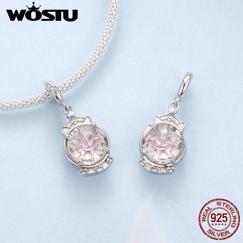 WOSTU 925 Sterling Silver DIY Birthday Charm Beads Hot Air Balloon Pink Bear Princess Dress Carousel Pendant Fit Bracelet Neck
