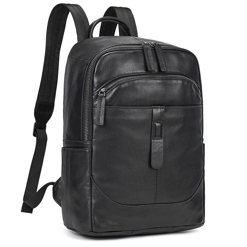 Simple Men'S Leather Backpack Men'S Cowhide 14-Inch Schoolbag Going Out For Travel Commuter Black Backpack