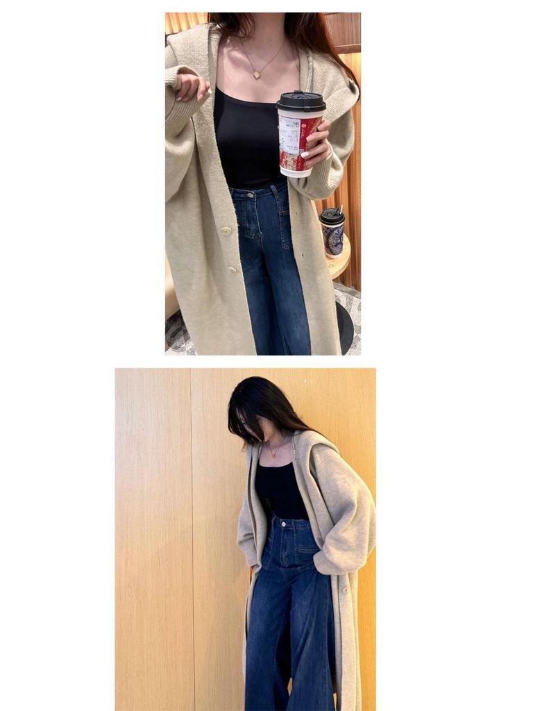Korean Oversized Hooded Knit Cardigan - Long, Thick, Over-the-Knee Sweater for Autumn/Winter