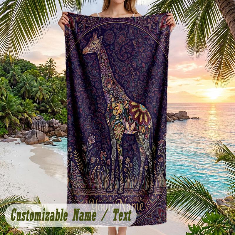 Giraffe Art Deco Poster Theme Quick Dry Beach Towel Custom Name Text Print Large Sand Resistant Towel Beach Vacation