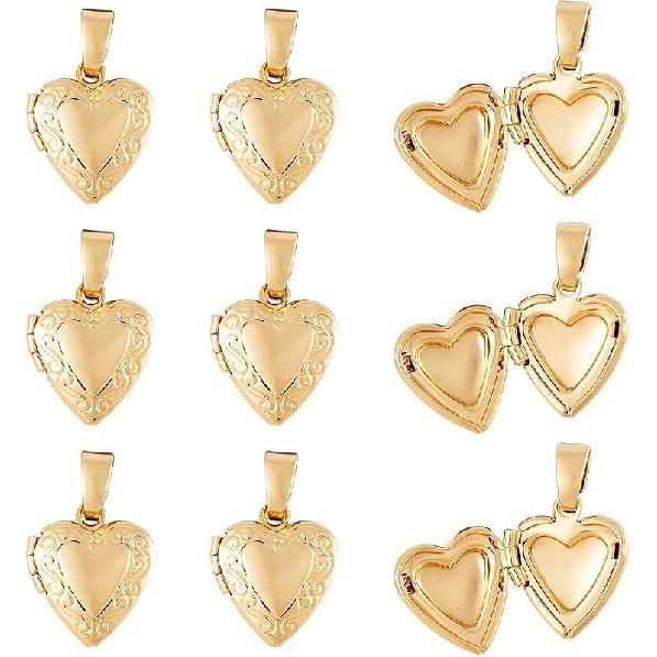 Beadthoven 10 szt. Prawdziwe Pozłacane 18K Serce Medalion Wisiorki Grawerowane Serce z Węzłem Wstążki Kwiaty Ramka na Zdjęcie Zawieszki Uchwyt na Zdjęcie Medalion Pamięci
