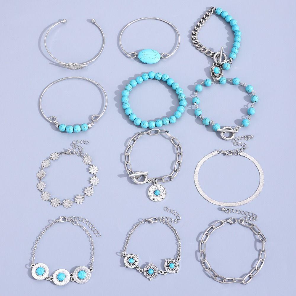Pearl Multilayer Turquoise Wristband Beads Bohemian Style Hand Chain Turquoise Bracelet Set Party